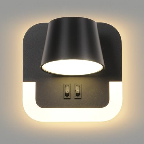 AWEKLIY LED Applique da parete, lampada da lettura a parete 3000K Temperatura colore regolabile (4W+8W) Lampada da letto con interruttore, Testa rotante della lampada, Nero