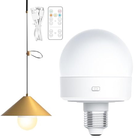 Battery Operated Light Bulb, USB Rechargeable Light Bulb, 1800mAh Remote Control LED Bulb, E26 Dimmable Light Bulb with 4 Timer and 3 Color Temperatures for Home & Outdoor Camping + Cable