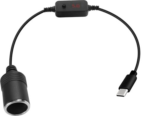 GELRHONR USB C to Cigarette Lighter Adapter Power Cable with Adjustable Button, 5V/9V/12V,PD Type C Cigarette Lighter Adapter Converter with Voltmeter Display,for Car Charger, GPS, Dash Cam-0.3M