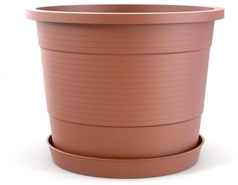 Plastard Blumentopf Terra Ø 35 cm Terrakotta mit Untersetzer, wetterfester Pflanzkübel, Pflanztopf, Blumenkübel, Übertopf für Innen & Außen aus Kunststoff mit Überlauf