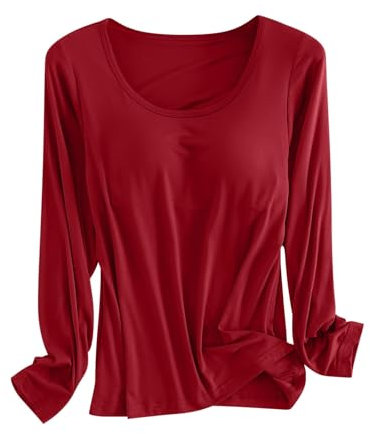 Plus Size Built in Bra Tops Women Solid Color Crewneck Ladies Tops with Bra Integrated Long Sleeve Tops Minimalist T Shirts with Breast Pad Underwear Pajamas Undershirt Base Black Clothing UK Sales