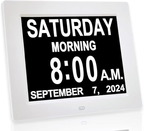 Hiseeyo 8 Zoll Wecker Digital mit Automatische Helligkeitsanpassung, Leiser LCD-Display-Wecker mit Luftfeuchtigkeit und Temperatur für Erwachsene und Kinder und Alzheimer-Krankheit (8zoll-Weiß)