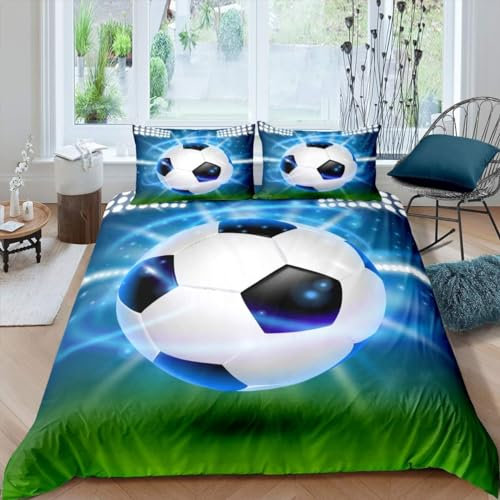 Homemissing Set di biancheria da letto per ragazzi a tema calcio, copripiumino matrimoniale per bambini e ragazzi, motivo palla da calcio 3D, copriletto, decorazione per camera da letto, 3 pezzi