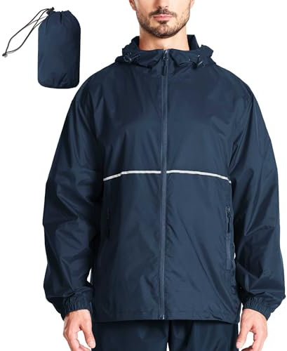 SwissWell Veste de pluie pour homme - Imperméable et respirante - Avec capuche - Coupe-vent léger - Coupe-vent - Pour la randonnée, la pêche, le camping et l'extérieur, bleu marine, XL