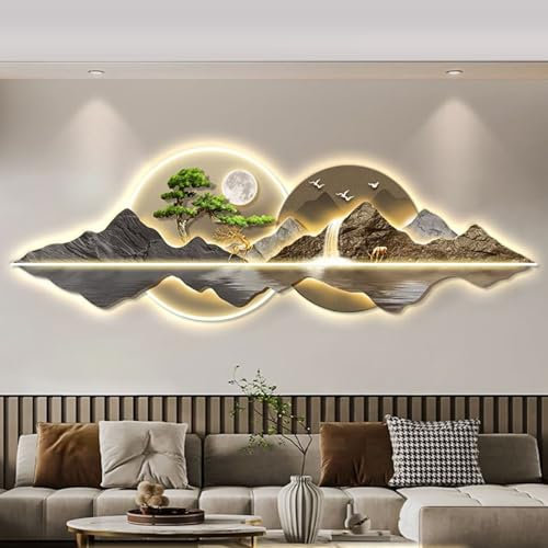 Décoration Murale de Salon avec Lumière LED，Grande Sculpture Murale Moderne de Paysage de Pin Accueillant，œuvre d'art de Décoration Intérieure Peintures Suspendues Lampe de Décoration