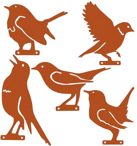 VICASKY 5 Stück Rost Deko Gartenstecker Weihnachten Zaunhocker Rost Vogel Gartendeko Gartenstecker Gartendeko Vögel Edel deko Edel Vogel Deko Gartenvögel