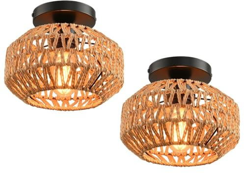LIGKIN 2 Stücke Vintage Deckenleuchte Industrielle Retro Deckenlampe Lampenschirm aus Metall Käfig Rattan E27 Deckenleuchte für Schlafzimmer Küche Flur, Ø20cm