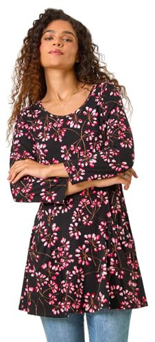 Roman Originals Swing Top with Pockets for Women UK Ladies Hanky Hem Asymmetric Tunic Blouse Longline Long Stretch Jersey Casual Round NeckTee Shirt T-Shirt - Pink - Size 12