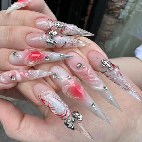 MouyouGlow Extreme Long False Nails, Stiletto Pink 3D Cross Bow Tie Heart Rhinestone Y2K Coquette Press on Nails with Nail Glue, Valentines Fake Nails