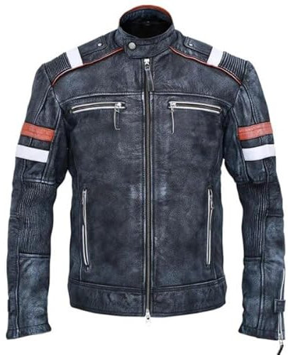 Vintage Biker Grau Schaffell Lederjacke für Herren, grau, L
