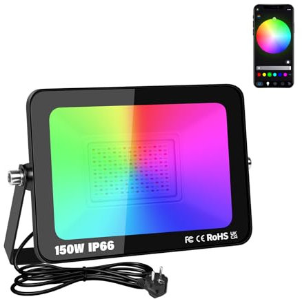 Willpower 1x Faretto LED da Esterno RGB 150W, Fari LED con APP Bluetooth Telecomando, Cambio Colore Rgbw, Proiettori Dimmerabile con Memoria,Timer, Modalità di Strobo DIY, per Giardino Palco Partito