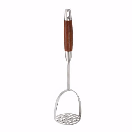 LiangYuanZen Schiacciapatate, in acciaio inox 18/10, con manico lungo in legno, di alta qualità, per patate e tuberi, lavabile in lavastoviglie, opaco, argenteo