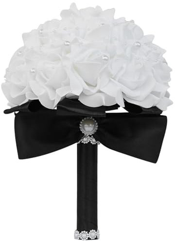 Gcroet 1pc Hochzeitsstrauß für Braut/Brautjungfer Handheld weißer Brautstrauß mit schwarzem Griff und weißer Perle 9x7 lebensechte PE -künstliche Blumen für Hochzeit