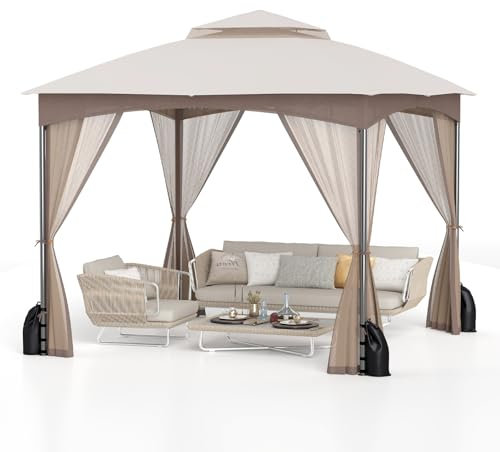 COSTWAY Pavillon 3 x 3 m, Gartenpavillon mit 4 Sandsäcken & 4 Moskitonetz & Doppeldach, Wasserdicht & Stabil & Winterfest, Gartenzelt inkl. Haken, Partyzelt für Terrasse Garten (Khaki)