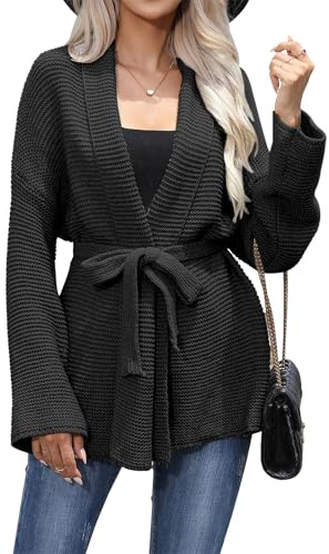 JFAN Strickjacke Damen V Ausschnitt Leichte Cardigan Casual Einfarbig Strickmantel Freizeit Jacket Langarm Mit Gürtel Elegant Top Schwarz M