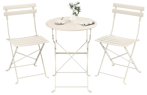 SONGMICS Juego de Jardín de Exterior, 3 Piezas, 2 Sillas y 1 Mesa, Plegable, Salón de Exterior, Acero, Resistente a la Intemperie, para Balcón, Terraza, Beige Capuchino GGF036LZ01