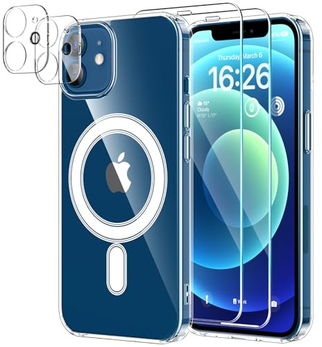 YNMEacc 5 in 1 Magnetic for iPhone 12 Case, Compatible with MagSafe, Clear | 2 Tempered Glass Screen Protectors, 2 Camera Lens Protectors, Shockproof Bumper Phone Cover