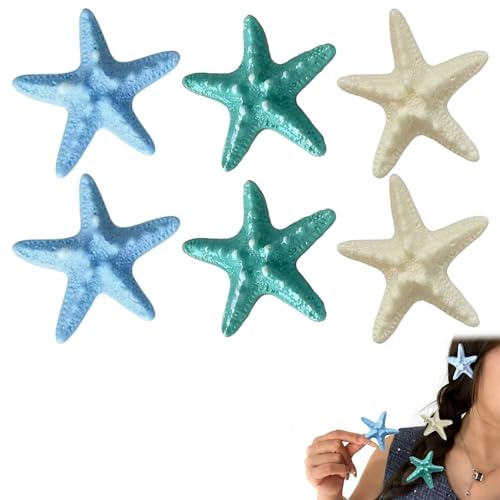 LEIIERUY Mollette per Capelli a Forma di Stella Marina – 3 Paia, Bianco Blu Verde, 5.5cm – Fermagli Estivi da Donna per Mare e Vacanze
