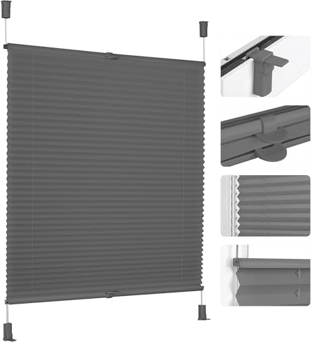 Grandekor Plissee Klemmfix ohne Bohren 95 x 120cm Anthrazit Faltrollo Jalousie für Tür & Fenster Blickdicht Sichtschutz Sonnenschutz Rollos für Wohnzimmer Kinderzimmer Einfach Montage & Stabil
