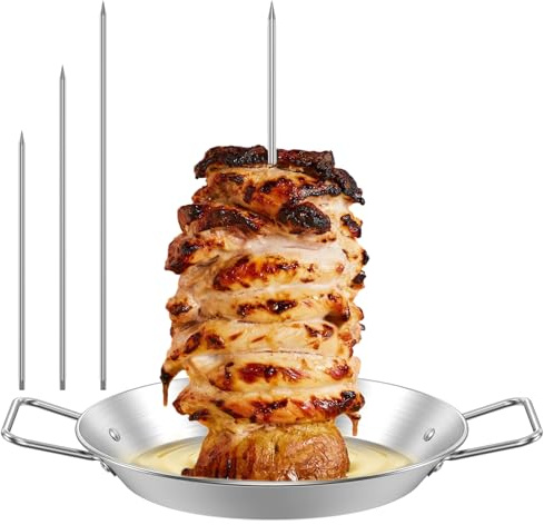 Vertical Meat Skewer, Stainless Steel Barbecue Spit Skewer Grill with 3 Removable Vertical Skewers (8, 10, 12), Kebab Pan Shawarma Stand for Roasting Steak Chicken Sausage Taco Fish (style1)