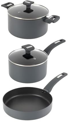 Salter Alto 3-Piece Pan Set – 24 cm Frying Pan, 20 cm Saucepan, 24 cm Stockpot, Includes 2 Tempered Glass Lids, Recycled Aluminium, ILAG Non-Stick, Induction Safe, PFOA-Free, Cool Touch Handles