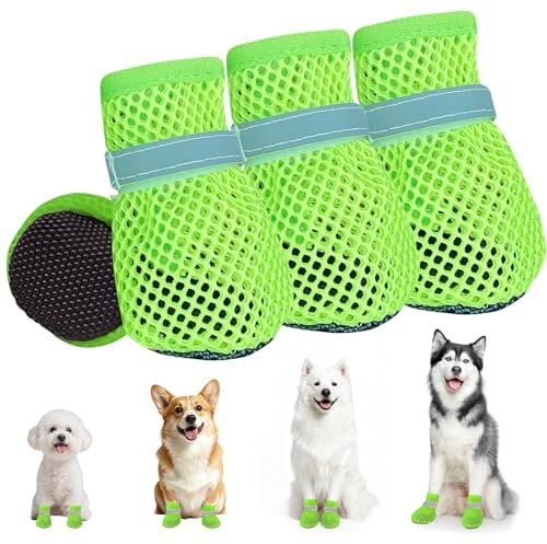 XIABYAYU 4 PCS Hundeschuhe Pfotenschutz, Hundeschuhe Sommer, Pfotenschutz für Hunde, Hunde Schuhe Sommer, Atmungsaktiv, Geeignet für Den Innen- Und Außenbereich Im Sommers/Grün M