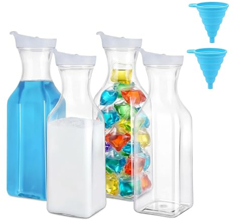 4 Pcs Laundry Detergent Dispenser, 1.5L Plastic Storage Containers | PET Plastic, Washing Powder Laundry Liquid Fabric Softener Bottles 2 Foldable Funnels for Laundry Room Organization