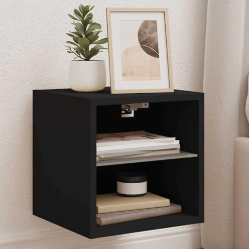 Bucmath Meuble TV Mural LED RVB Noir avec étagère en Verre 30 x 28,5 x 30 cm, Rangement Compartiment pour Salon, Chambre, Bureau, Support USB 5 V