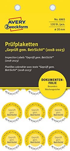 AVERY Zweckform 6965 fälschungssichere Prüfplaketten 2018-2023 (stark selbstklebend, Kleinformat, Ø 20 mm, 120 Aufkleber auf 8 Blatt, handbeschriftbare Klebefolie zur Inventarkennzeichnung) gelb