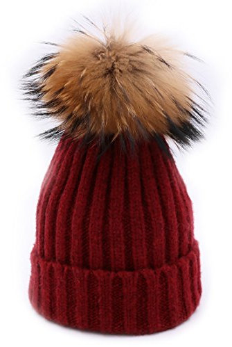 BeFur Frauen Mädchen Winter Bommelmütze Stricken Mütze Beanie Hut Pelz Ball Pom Wackelmütze - weinrot