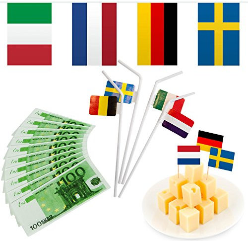 171-tlg. Deko-Set * EU LÄNDER * für eine Europa-Party mit Flaggen Wimpelkette + Party Picksern + Strohhalme + 100 € Schein Servietten // Dekoration Set Mottoparty EM WM Fußball