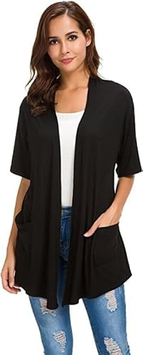 Womens Short Sleeve Open Front Lightweight Casual Comfy Long Line Drape Hem Soft Modal Cardigans Sweater with Two Pockets-Black-X-Large
