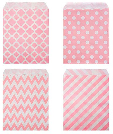 Czemo 100 Stück Papiertüten Candy Bar Tüten/Geschenktüten/Süssigkeiten Beutel/Bonbon Taschen 4 Verschiedene Designs 18 x 13CM Rosa Candy Bar Zubehör