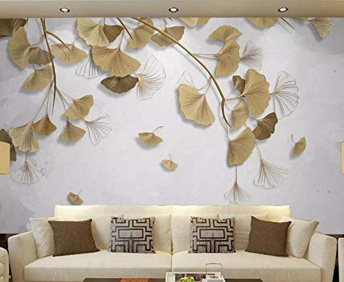 MIWEI Wallpaper Papier Peint Panoramique Feuilles De Ginkgo À La Lignes En Relief Doré Papier Peint Nature Intissé Murale Chambre Salon(350cmX256cm)