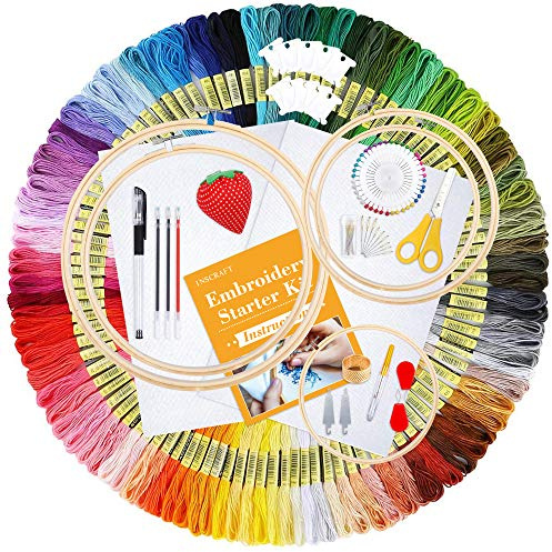 Inscraft 304 Pack Embroidery Kit, 200 Colors Threads, 5 Pcs Bamboo Embroidery Hoops, 2 Pcs Aida Cloth, Instructions, Bag and Cross Stitch Tools Set, Hand Embroidery Starter Kit for Beginners Adults