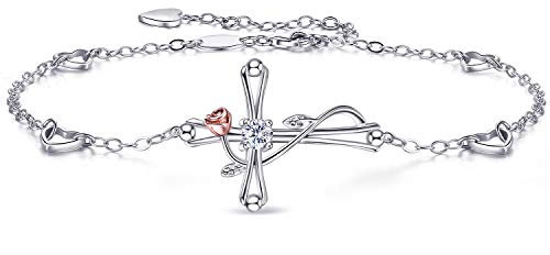 ASHLI JENA Frauen 925 Sterling Silber Kreuz Rose Blume Fußkettchen Weißgold überzogen CZ Diamant Knöchelarmband für Frauen Mädchen (A-Armband)