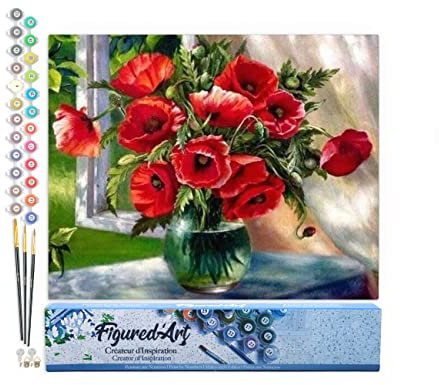 Figured'Art Malen Nach Zahlen Erwachsene Roter Blumenstrauß - Paint by Numbers Basteln DIY Bastelset 40x50cm ohne Holzrahmen
