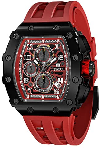 TSAR BOMBA Herren Uhr Tonneau Luxus Quadratisch Armbanduhr Herren Saphirglas Japanisches Quarzwerk Silikonband 50M Wasserdicht Chronograph Geschenk für Männer