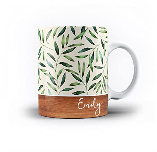 Personalised Floral & Leaf Pattern with Name on Wood Design 11oz Ceramic Mug - 10. Leaves on Light Green