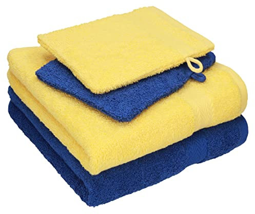 Betz Lot de 4 Serviettes Happy Pack 100% Coton 2 Serviettes de Toilette 2 Gants de Toilette Couleur Jaune - Bleu Royal