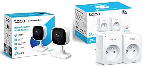 TP-Link Tapo Caméra Surveillance WiFi intérieure Tapo C100, FHD 1080P, Vision Nocturne, détection de Mouvement & Tapo Prise Connectée WiFi, Prise Intelligente, 10A, 2 Pack