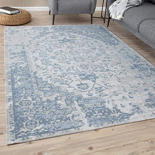 THE RUGS Machine Washable Rug – Medallion Design Rugs for Living Room, Bedroom, Hallway, Flat-weave Area Rugs, (Blue, 80x150 cm)