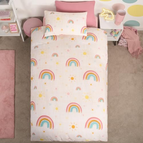 Dreamscene Rainbow Duvet Cover with Pillowcase, Girls Single Duvet Cover, Bedding Single Bed, Children’s Duvet Covers & Sets, Kids Bed, Bedding Sets for Girls, Rainbow Bedding, Pink, Single 120x150cm