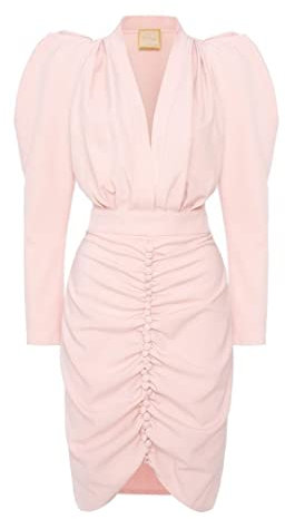 Swing Fashion Laura | Puderrosa Swing Mode Femmes Élégante Cocktail soirée d'affaires fête | Robe Crayon | Moulante | Col en V | Longueur au Genou | Manches Longues | Rose poudré | S(36)