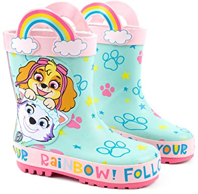 Paw Patrol Girls Wellies | Skye & Everest Follow Your Rainbow Multicoloured Rain Wellington Boots for Kids | Water Resistant Rubber Walking Shoes | Merchandise Gift for Children