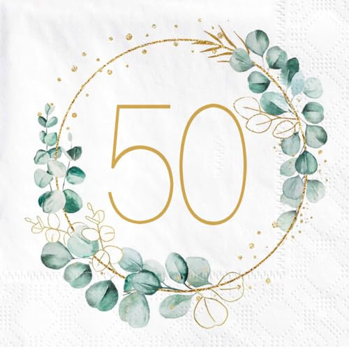 Jiaju 50. Geburtstag Deko Servietten - 40 Stück Eukalyptus & Gold Grün, Papierservietten für Mann & Frau Geburtstag Party Dekoration