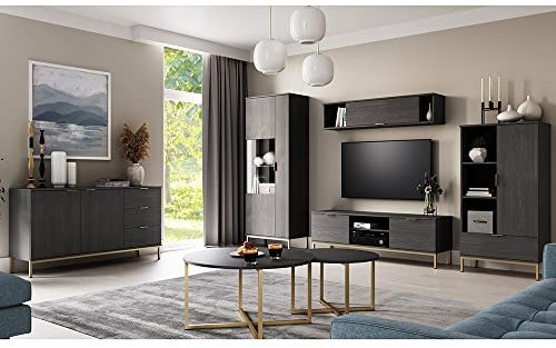 Wohnzimmer Möbel Komplett Set inkl. LED Glasbodenbeleuchtung in Esche schwarz Nb., Sideboard, Vitrinenschrank, Wandschrank, TV Lowboard, Highboard, Couchtisch Set