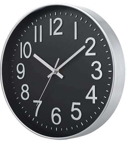 Esteopt Wall Clock 12 Silent Non-Ticking Modern Wall Clocks Battery Operated for Office, Home, Bathroom, Kitchen, Bedroom, School, Living Room White (Black clock)