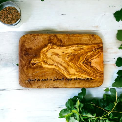 Personalisiertes Frühstücksbrett aus Olivenholz mit Gravur Deines Wunschtextes oder Namen, Servierbrett, Schneidebrett, Käsebrett, ca. 22 cm x 14 cm