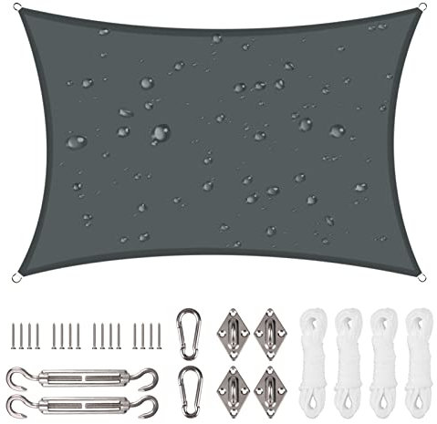 NAKIHOUSE Sonnensegel Wasserdicht mit Befestigungs Kit, 2 x 4 m UV Schutz Sonnenschutz Segel für Garten, Balkon & Terrasse (Grau)